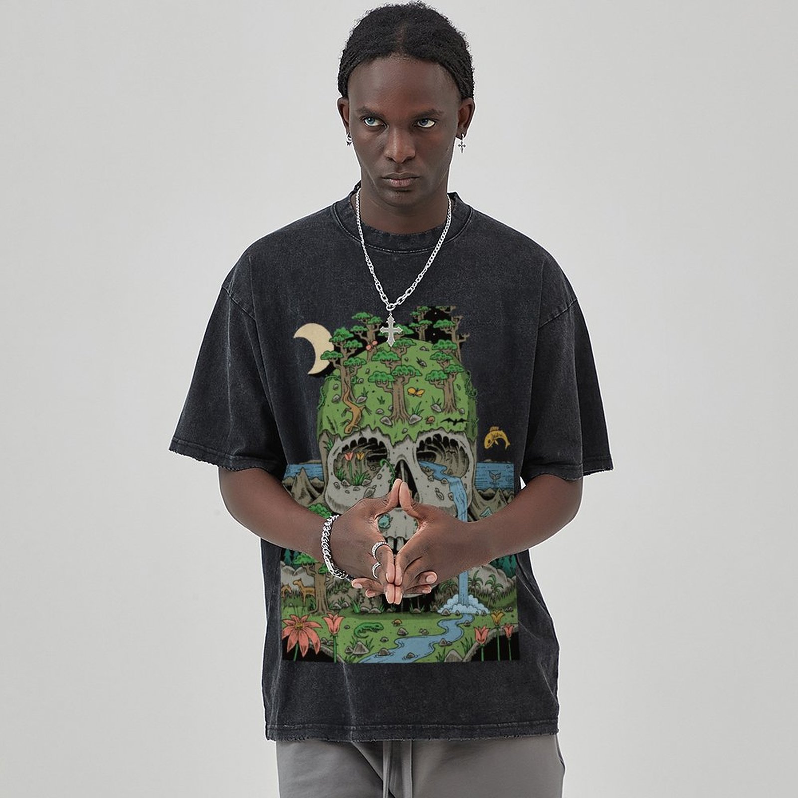 Skull Crying Unisex Vintage Solid Wash Denim T-Shirts-Print-cool