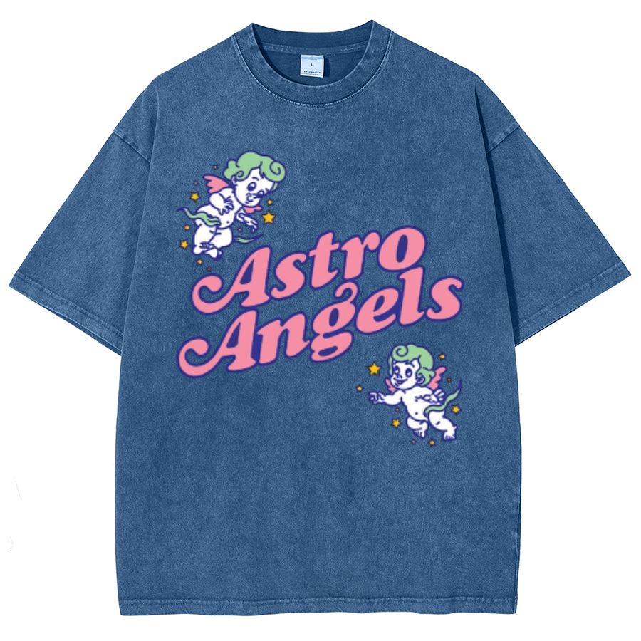 Astro Angels Unisex Oversized Print Vintage Wash Denim T-Shirt
