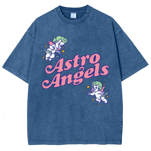 Astro Angels Unisex Oversized Print Vintage Wash Denim T-Shirt