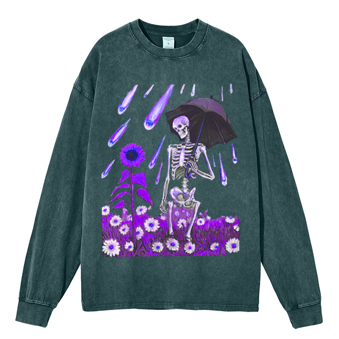 Sunflower Skull Unisex Casual Washed Printed Round Neck Long Sleeve T-shirt