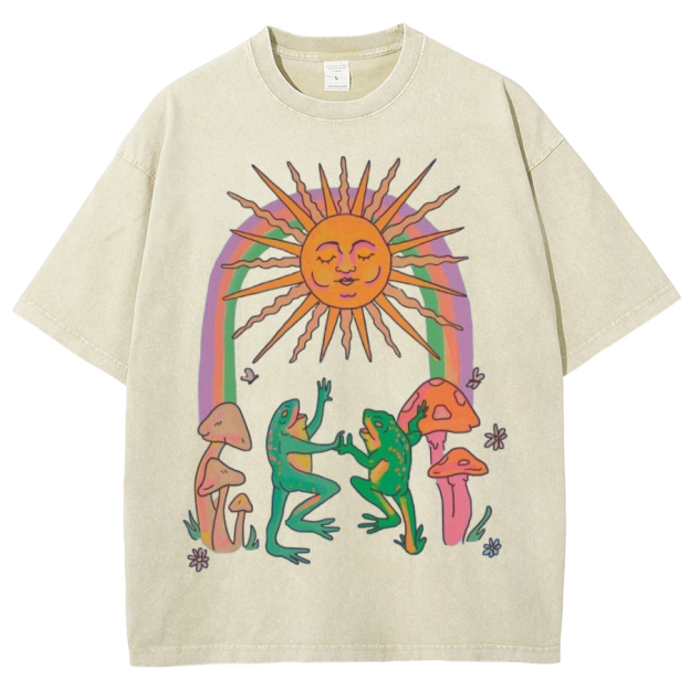 Funny Frog Unisex Oversized Print Vintage Wash Denim T-Shirt