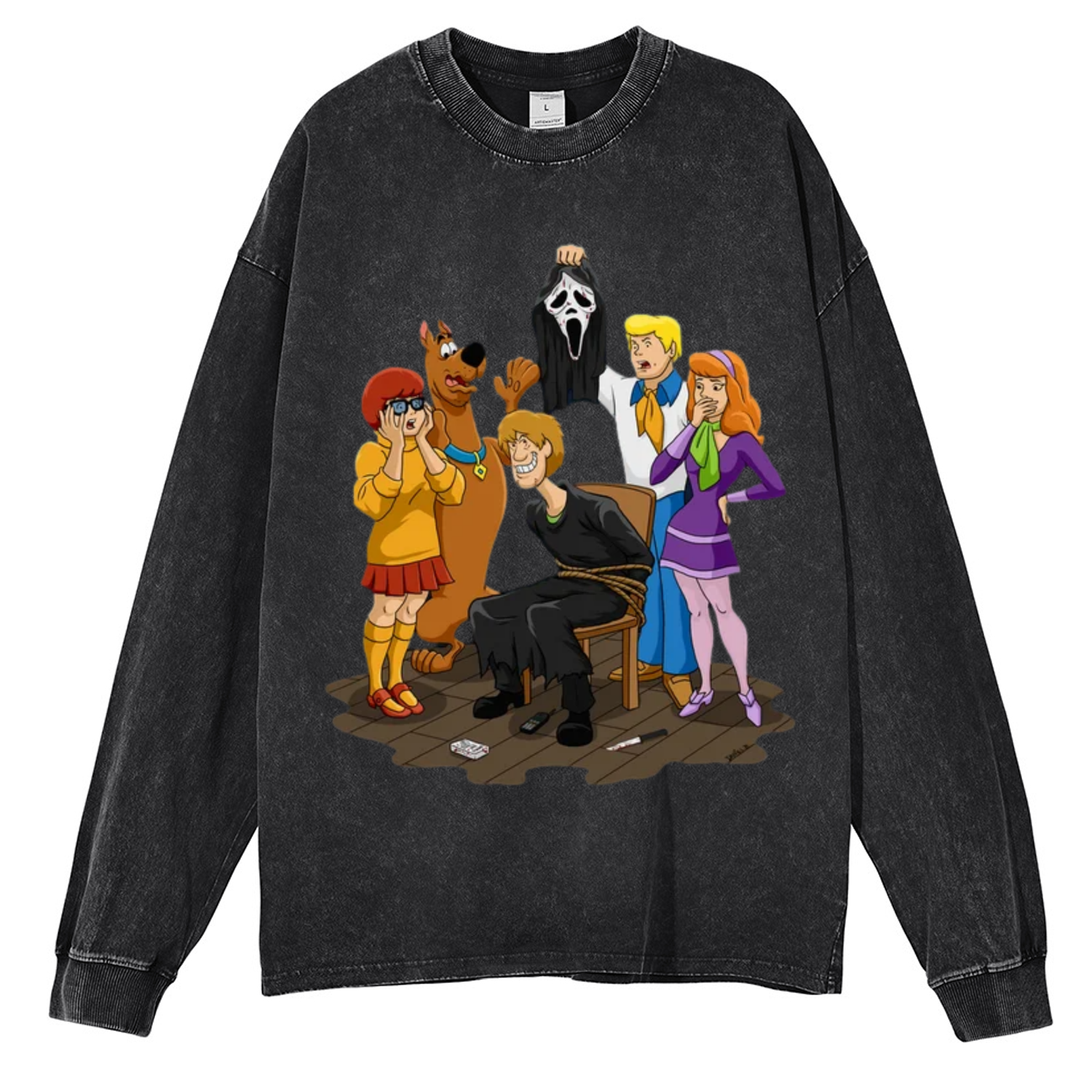 Ghost Face Unisex Washed Printed Round Neck Long Sleeve T-Shirt-Print-cool