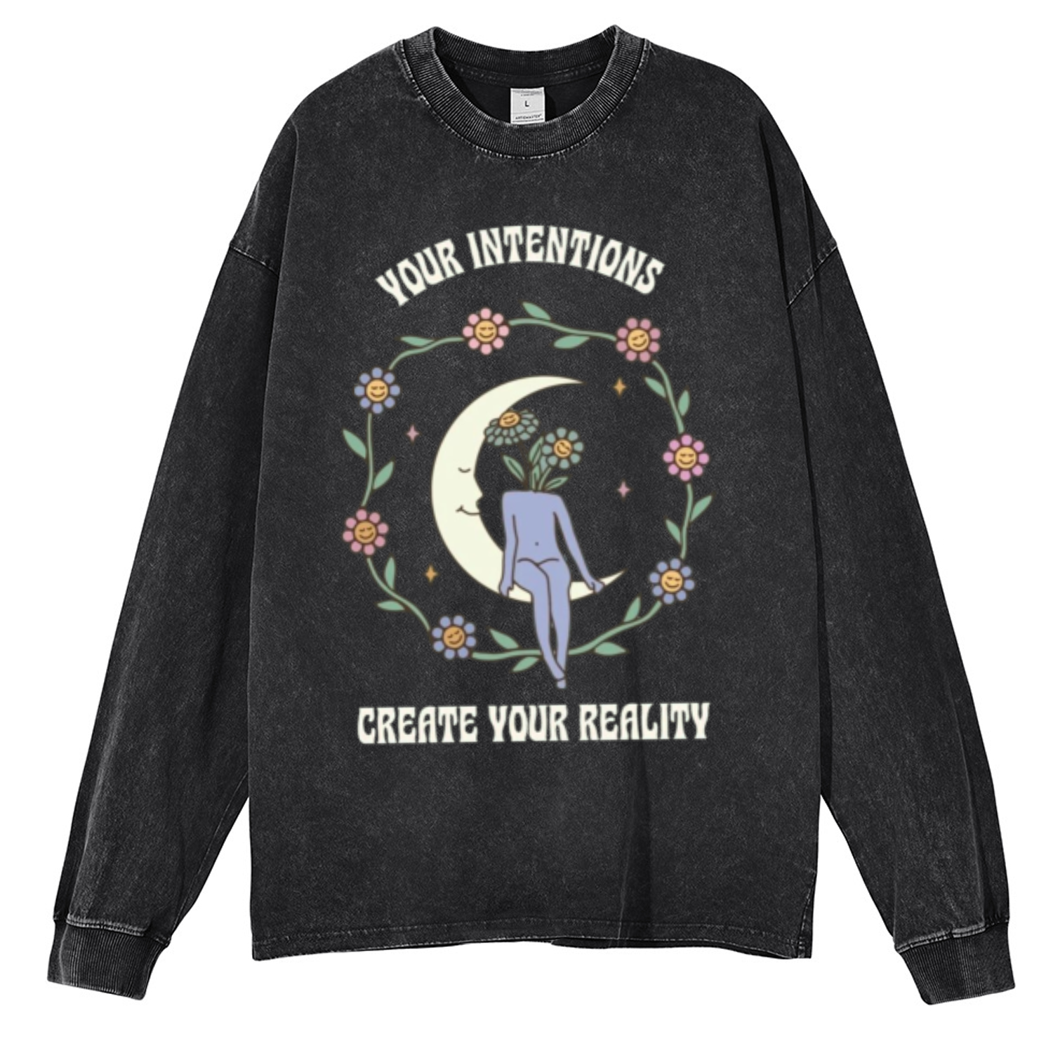 Your Intentions Unisex Casual Washed Printed Round Neck Long Sleeve T-shirt