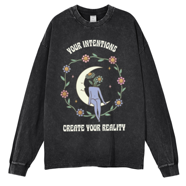 Your Intentions Unisex Casual Washed Printed Round Neck Long Sleeve T-shirt