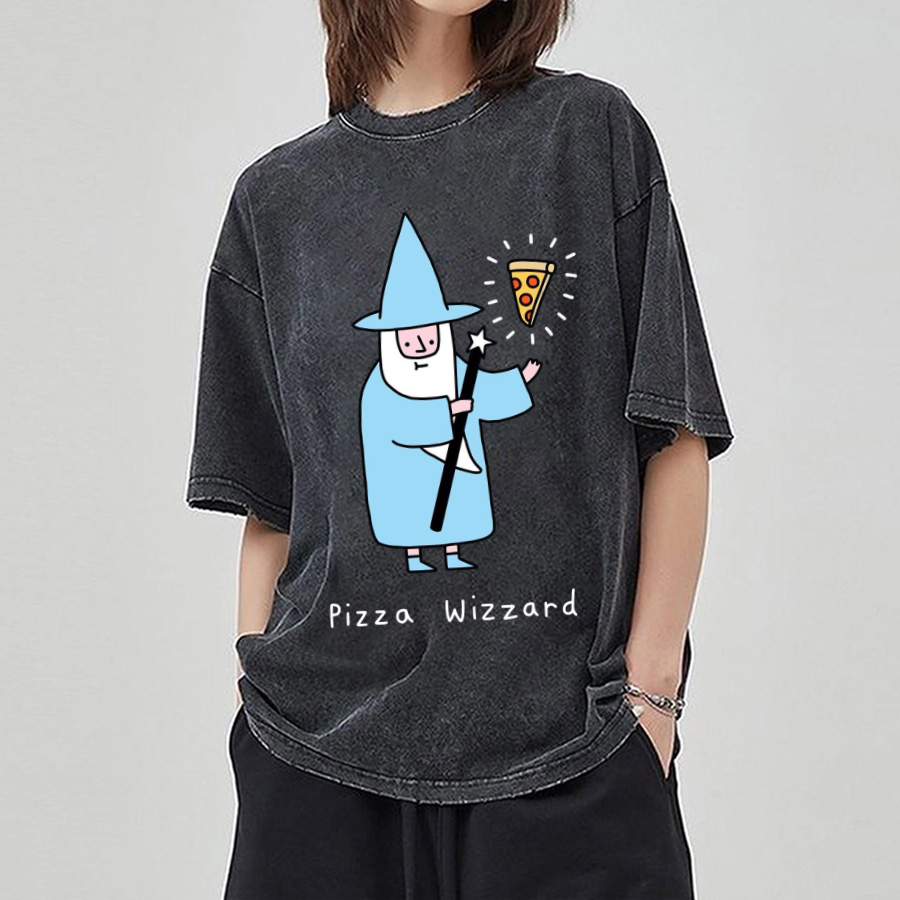Pizza Wizzard Unisex Printed Retro Washed Short Sleeved T-Shirt-Print-cool