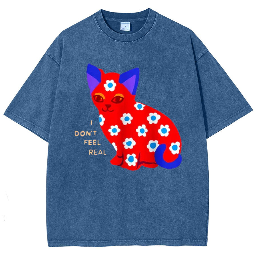 I Don't Feel Real Unisex Oversized Print Vintage Wash Denim T-Shirt