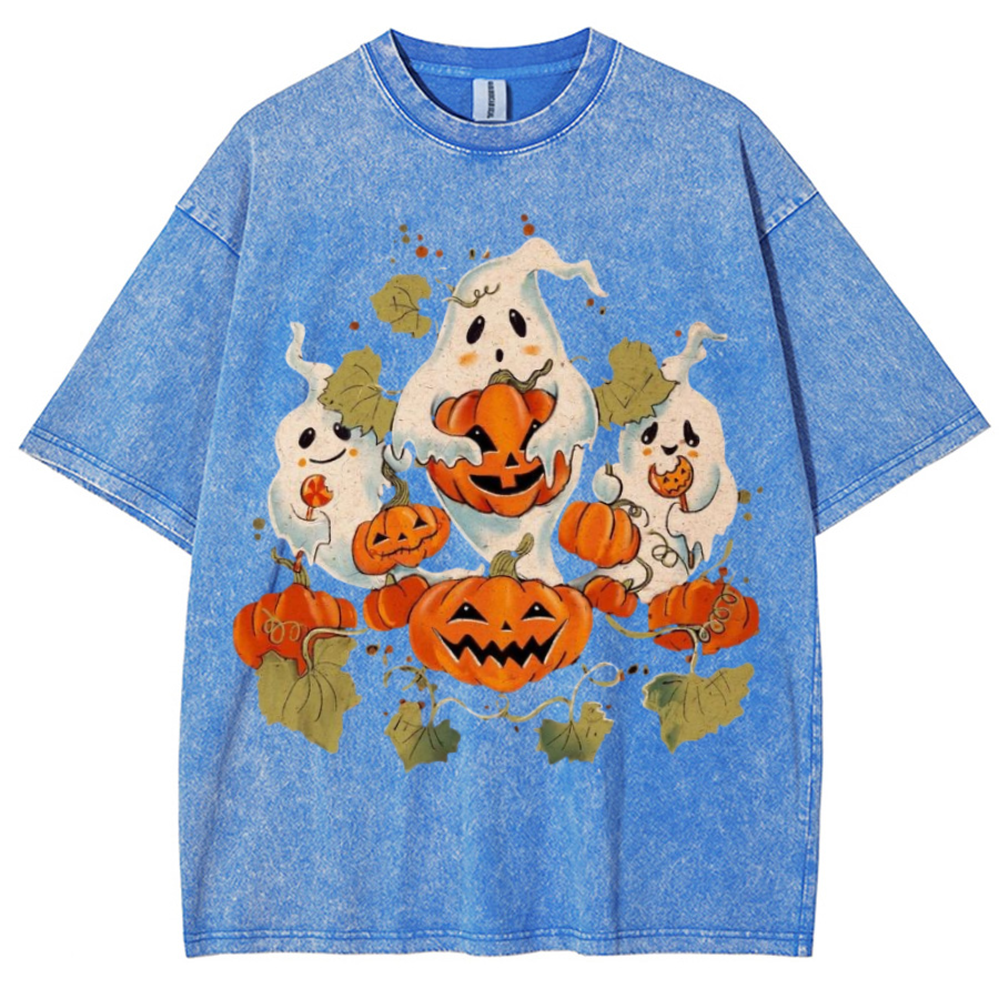 Spooky Pumpkin Unisex Printed Retro Washed Short Sleeved T-Shirt