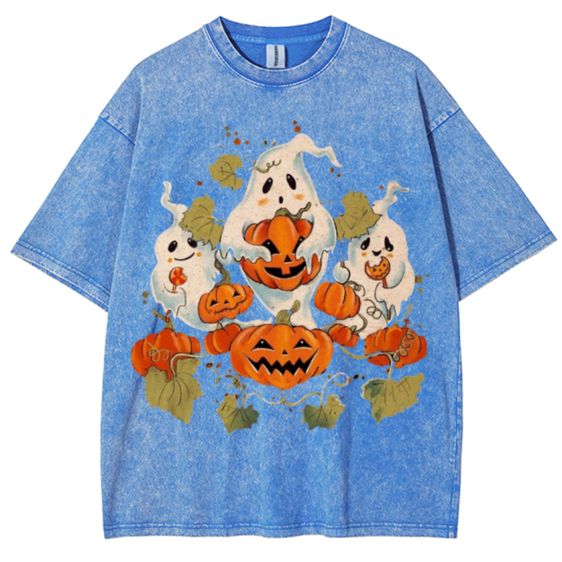 Spooky Pumpkin Unisex Printed Retro Washed Short Sleeved T-Shirt