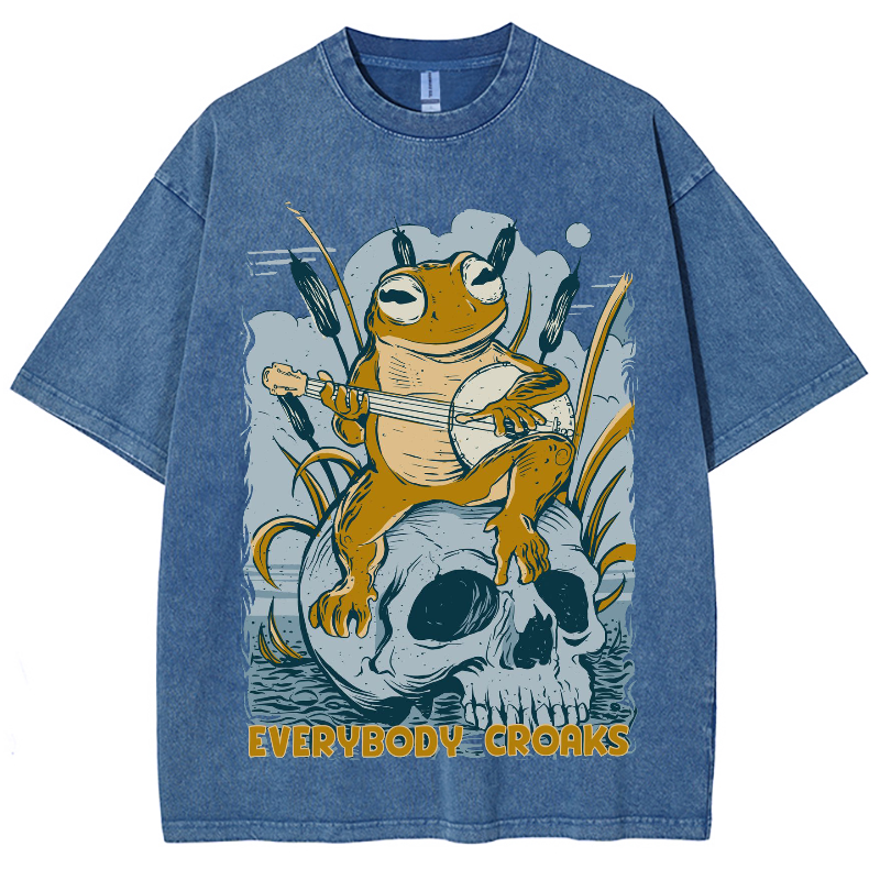 Rock Frog Skull Unisex Vintage Wash Denim T-Shirts-Print-cool