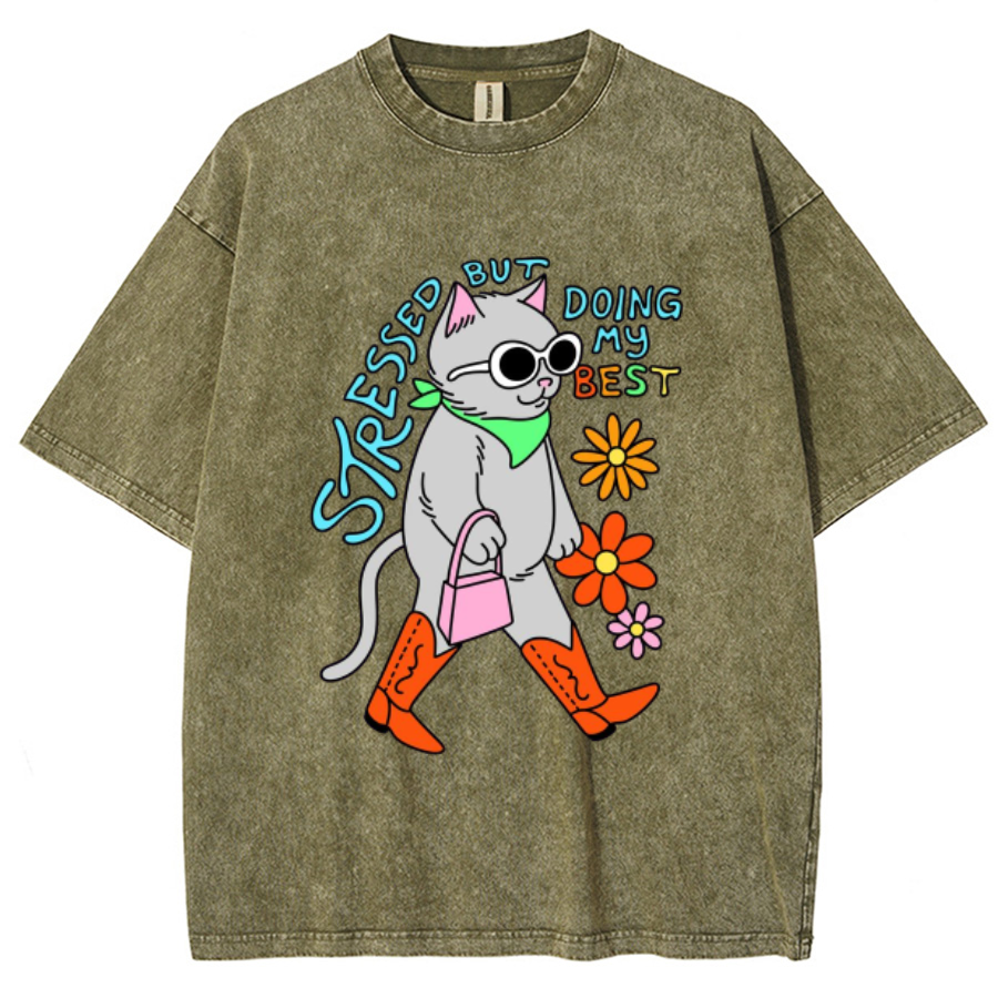 Stressed But Doing My Best Cat Unisex Printed Retro Washed Short Sleeved T-Shirt