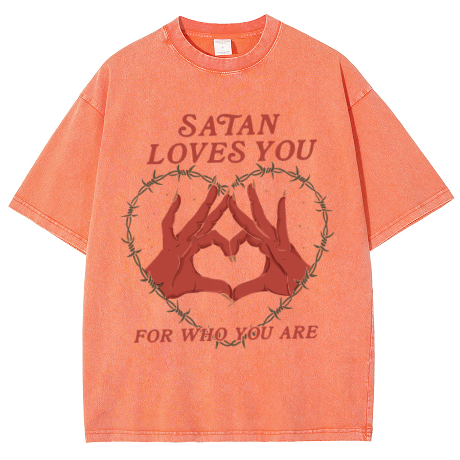 Satan Loves You Unisex Oversized Print Vintage Wash Denim T-Shirt