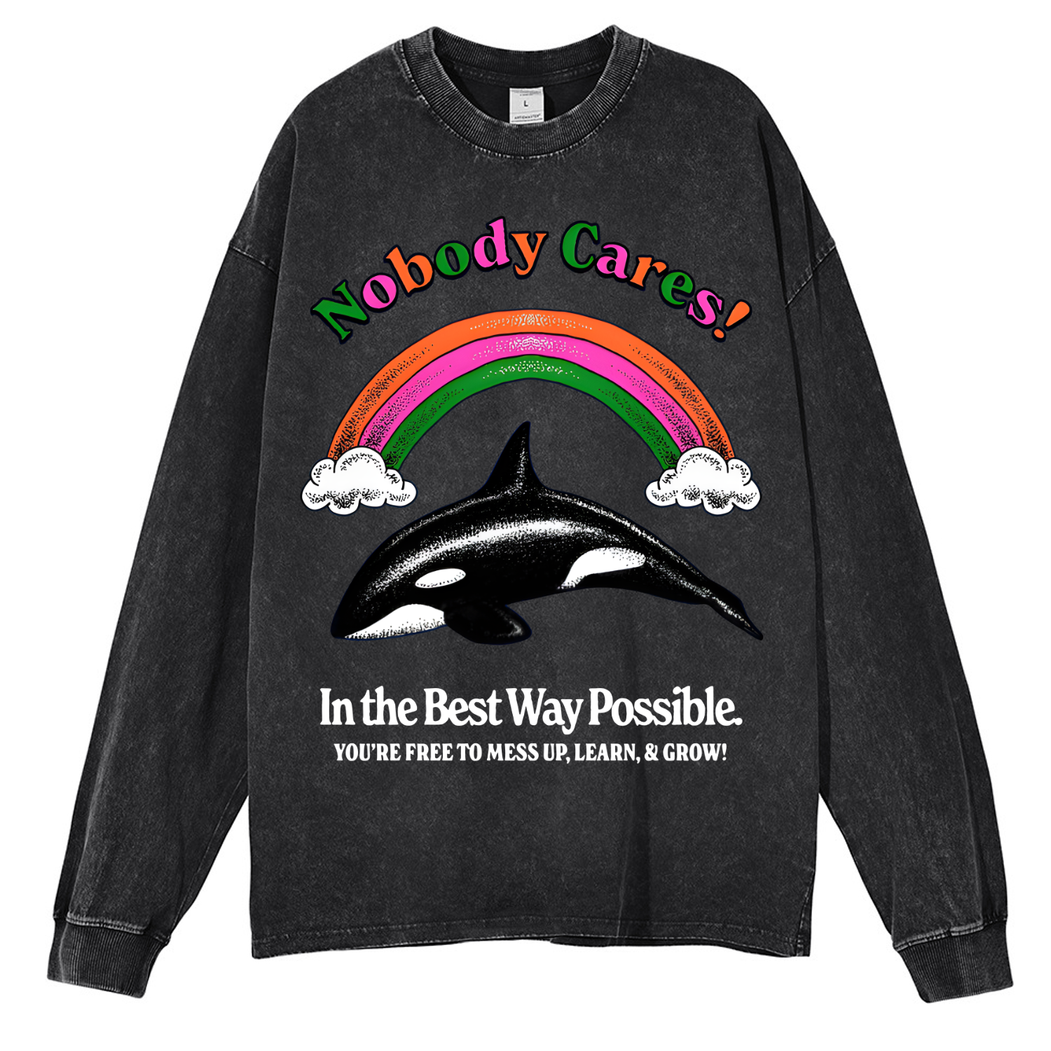 Nobody Cares Unisex Casual Washed Printed Long Sleeve T-shirt