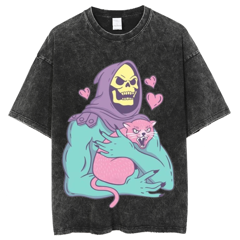 Funny Skull Cat Unisex Printed Retro Washed Short Sleeved T-Shirt