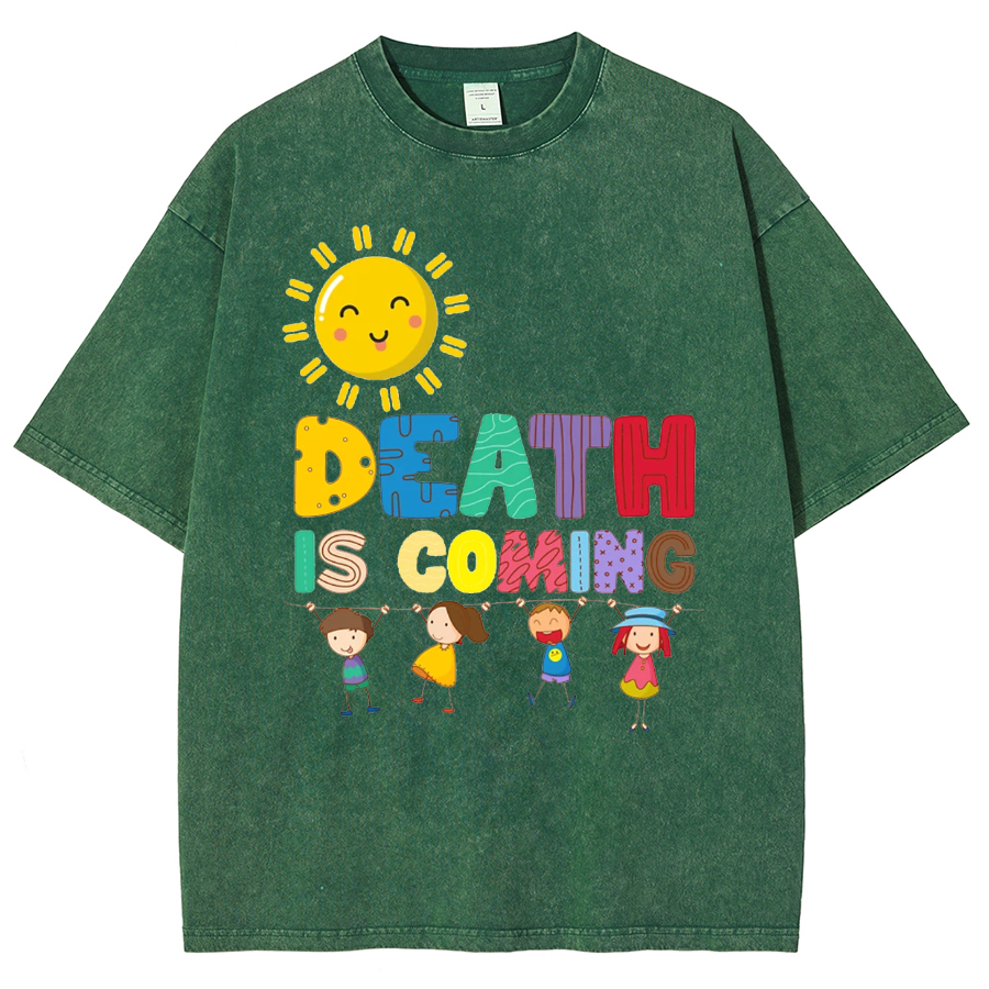 Death Is Coming Unisex Oversized Print Vintage Wash Denim T-Shirt
