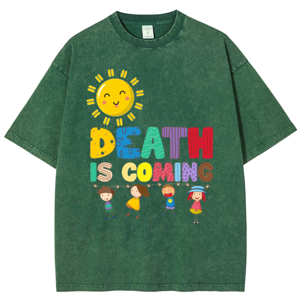 Death Is Coming Unisex Oversized Print Vintage Wash Denim T-Shirt