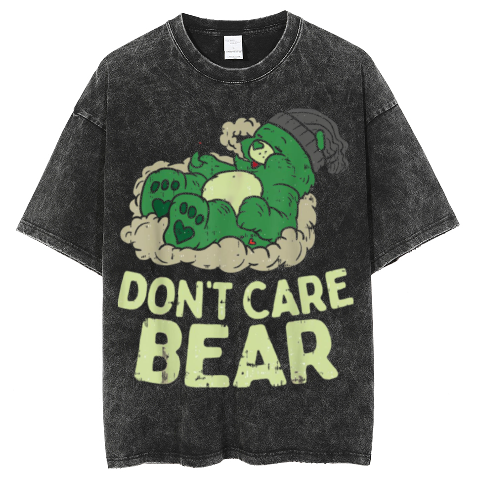 Bear Smoking Unisex Printed Retro Washed Short Sleeved T-Shirt-Print-cool