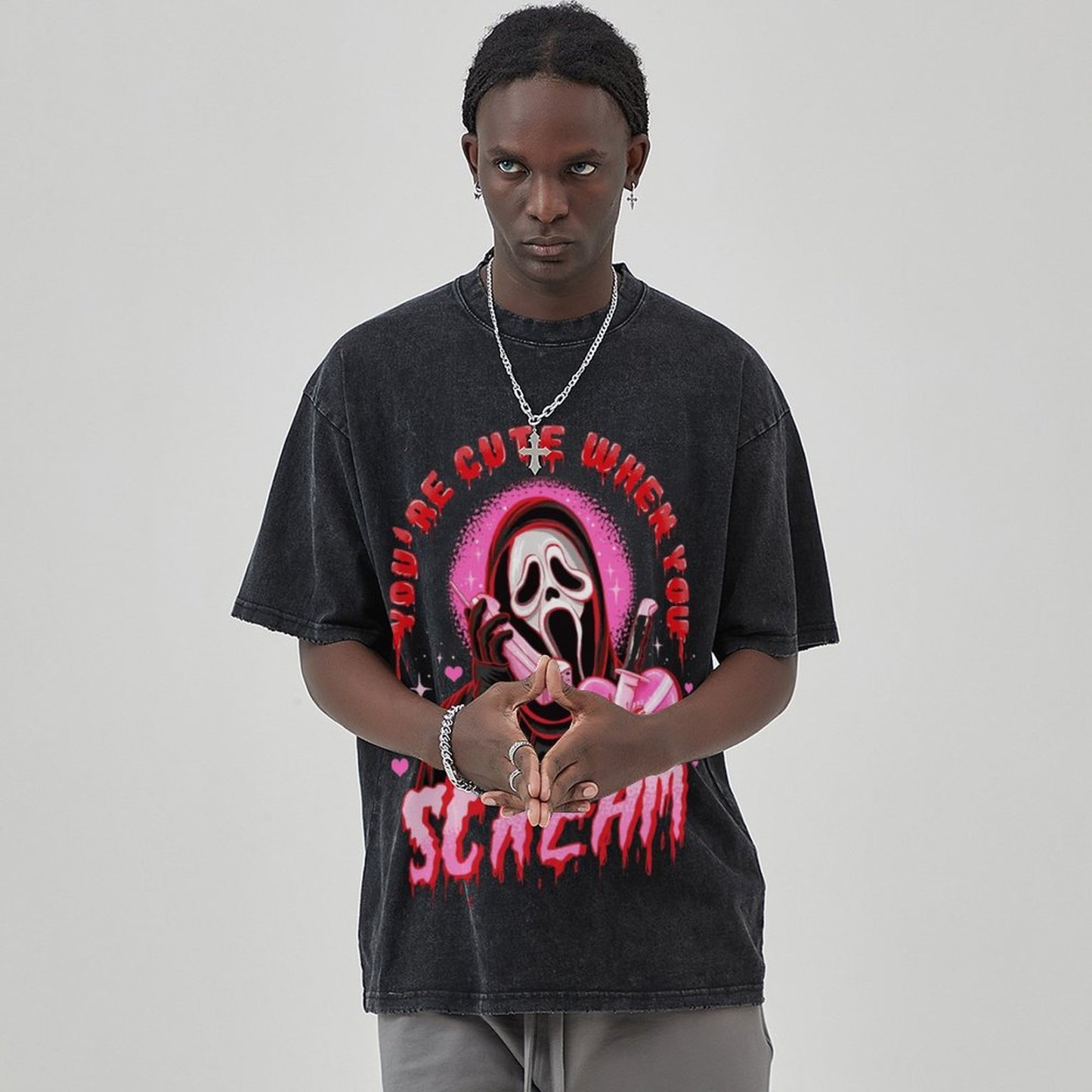Cute Scream Unisex Vintage Solid Wash Denim T-Shirts