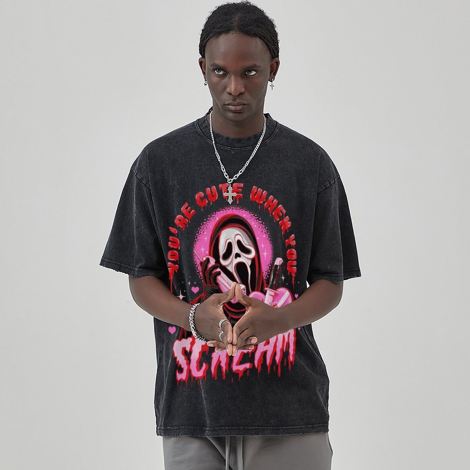 Cute Scream Unisex Vintage Solid Wash Denim T-Shirts