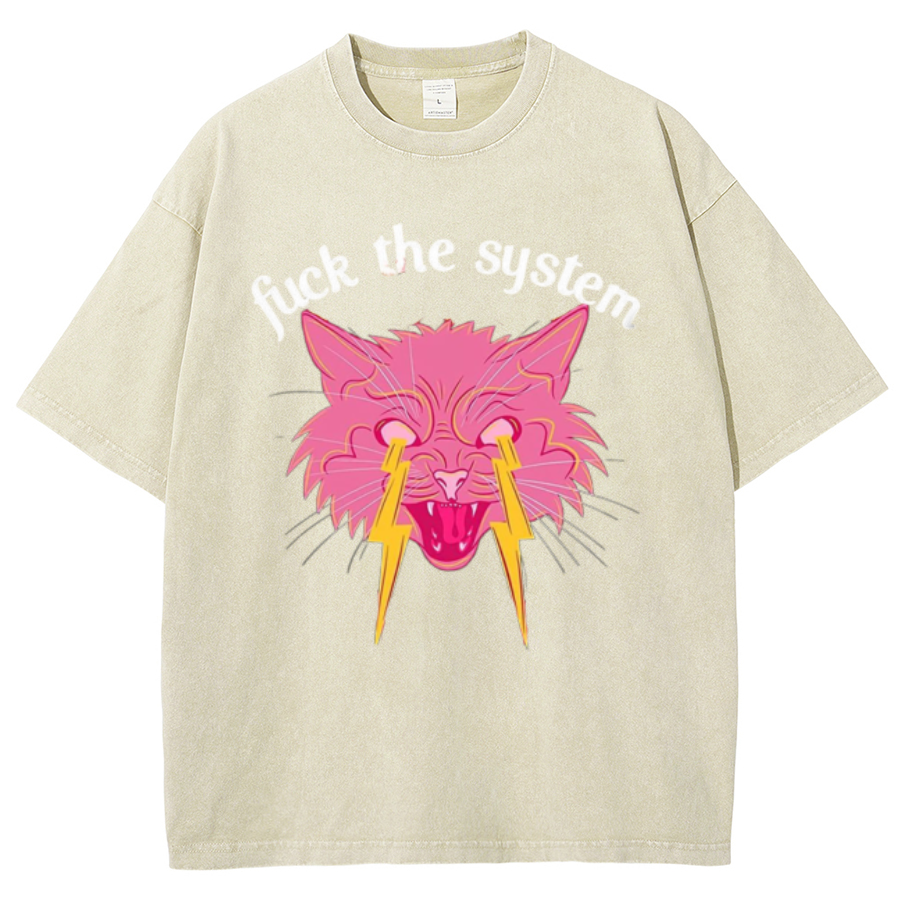 Fuck The System Unisex Oversized Print Vintage Wash Denim T-Shirt-Print-cool
