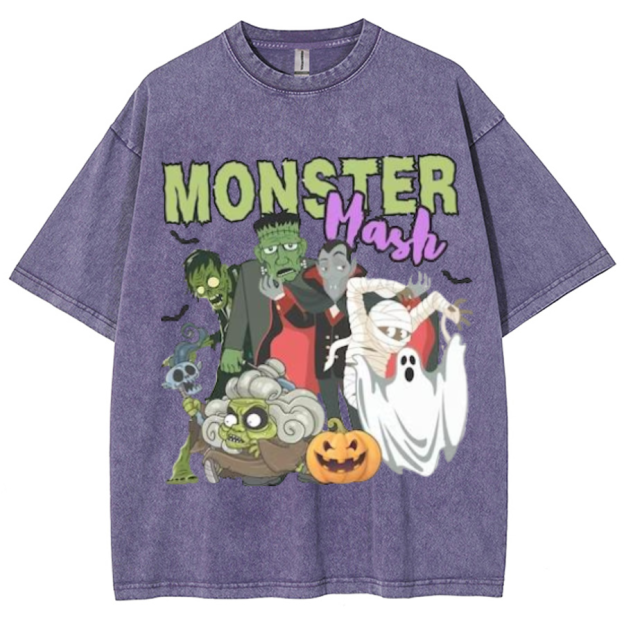 Monster Mash Unisex Printed Retro Washed Short Sleeved T-Shirt