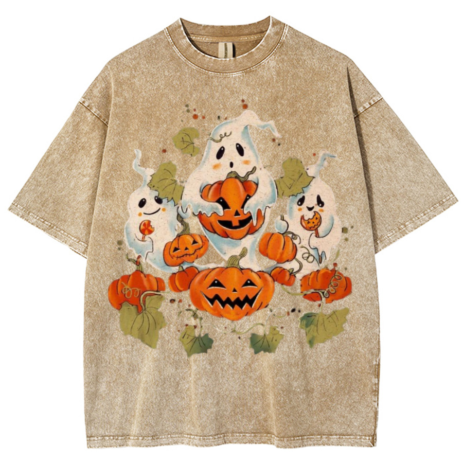 Spooky Pumpkin Unisex Printed Retro Washed Short Sleeved T-Shirt