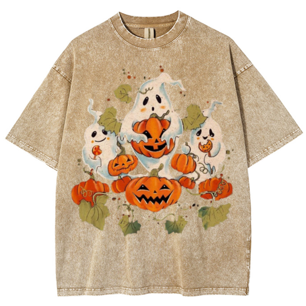 Spooky Pumpkin Unisex Printed Retro Washed Short Sleeved T-Shirt