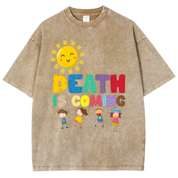 Death Is Coming Unisex Oversized Print Vintage Wash Denim T-Shirt