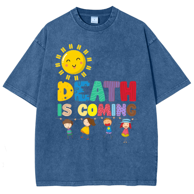 Death Is Coming Unisex Oversized Print Vintage Wash Denim T-Shirt