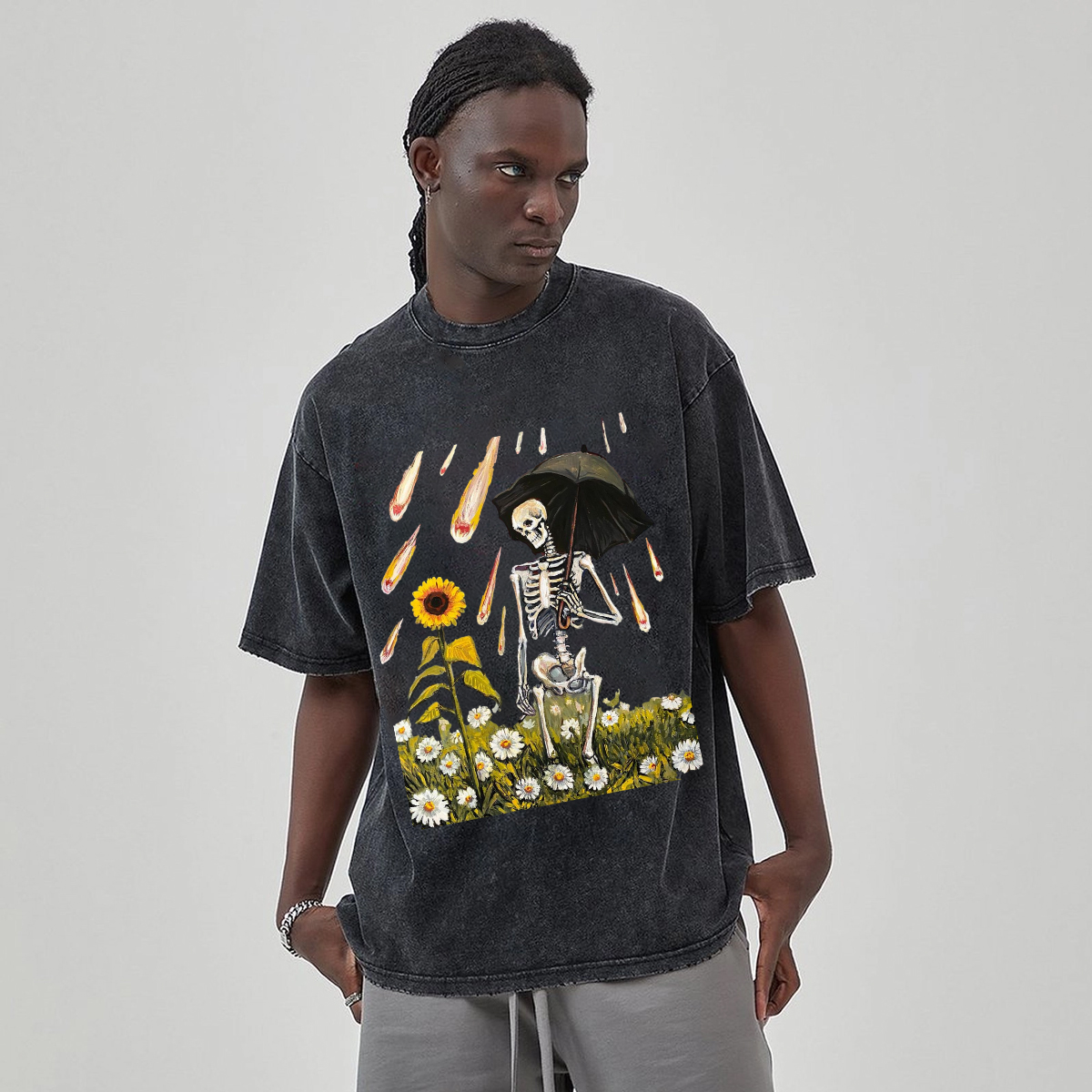Sunflower Skull Unisex Vintage Wash Denim T-Shirts[💥Buy 4 get 5th 50%OFF]