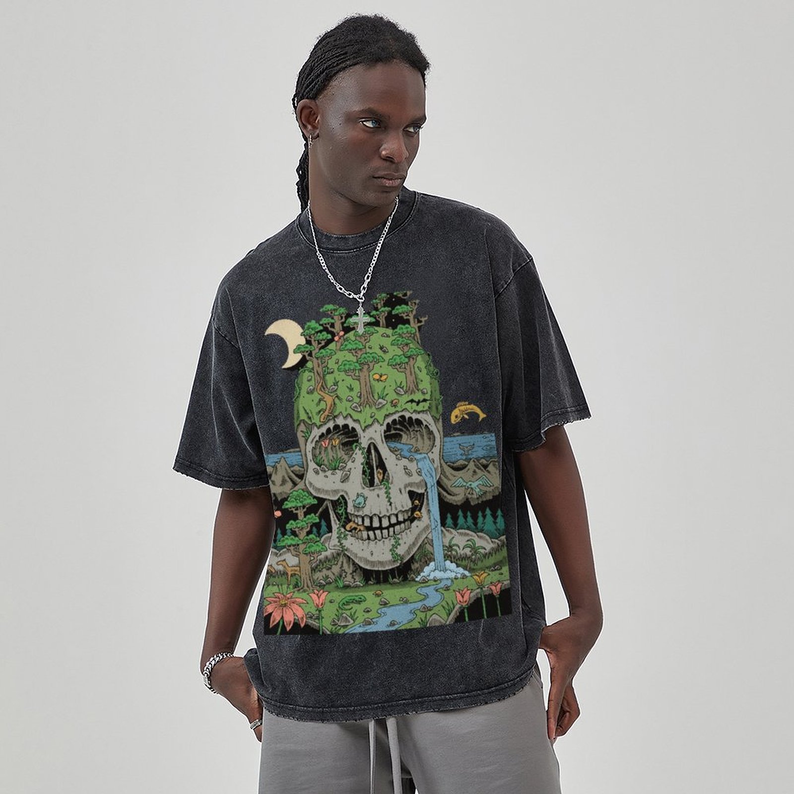 Skull Crying Unisex Vintage Solid Wash Denim T-Shirts-Print-cool