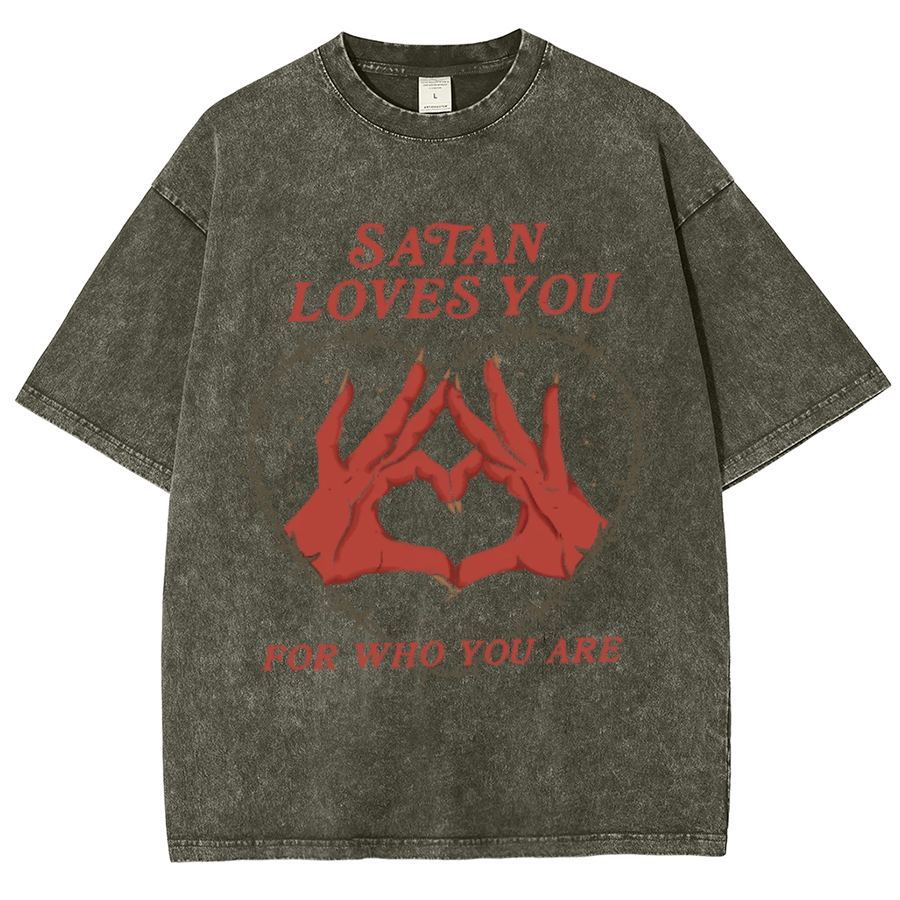 Satan Loves You Unisex Oversized Print Vintage Wash Denim T-Shirt