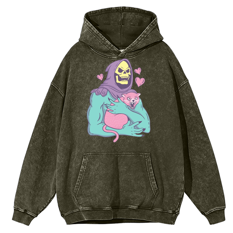 Funny Skull Cat Unisex Printed Casual Washed Hoodie Sweatshirt