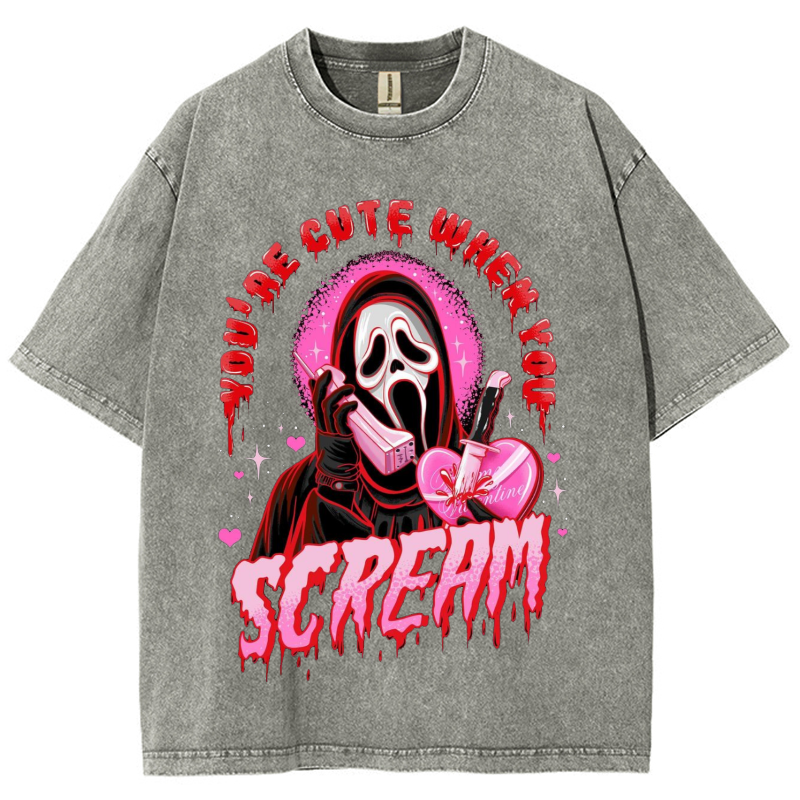 Cute Scream Unisex Vintage Solid Wash Denim T-Shirts