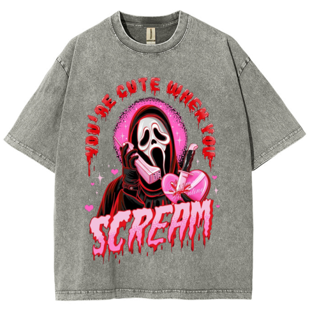 Cute Scream Unisex Vintage Solid Wash Denim T-Shirts