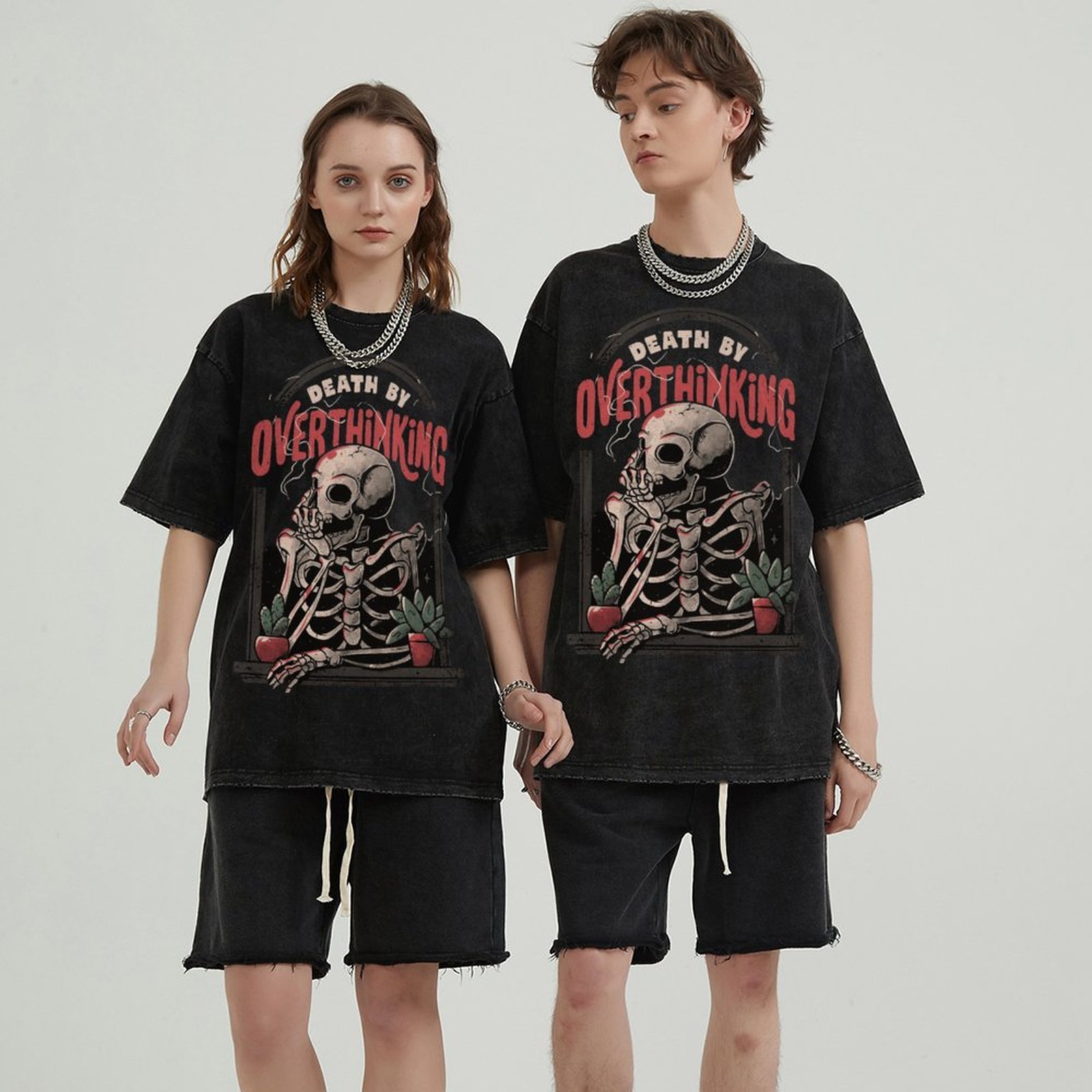 Death Skull Unisex Vintage Solid Wash Denim T-Shirts
