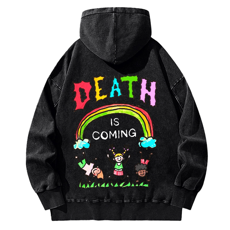 Death Is Coming Back Printed Unisex Casual Washed Hoodie Sweatshirt