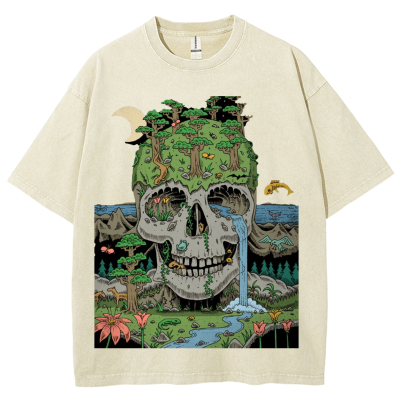 Skull Crying Unisex Vintage Solid Wash Denim T-Shirts-Print-cool