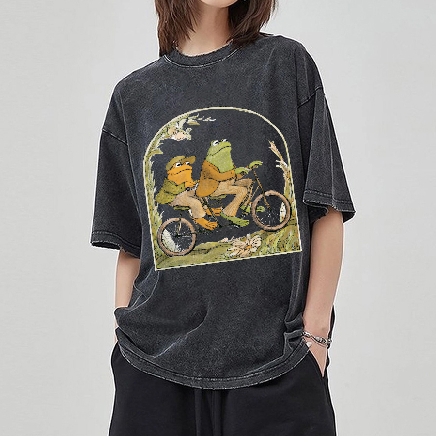 Frog and Toad Unisex Printed Retro Washed Short Sleeved T-Shirt-Print-cool