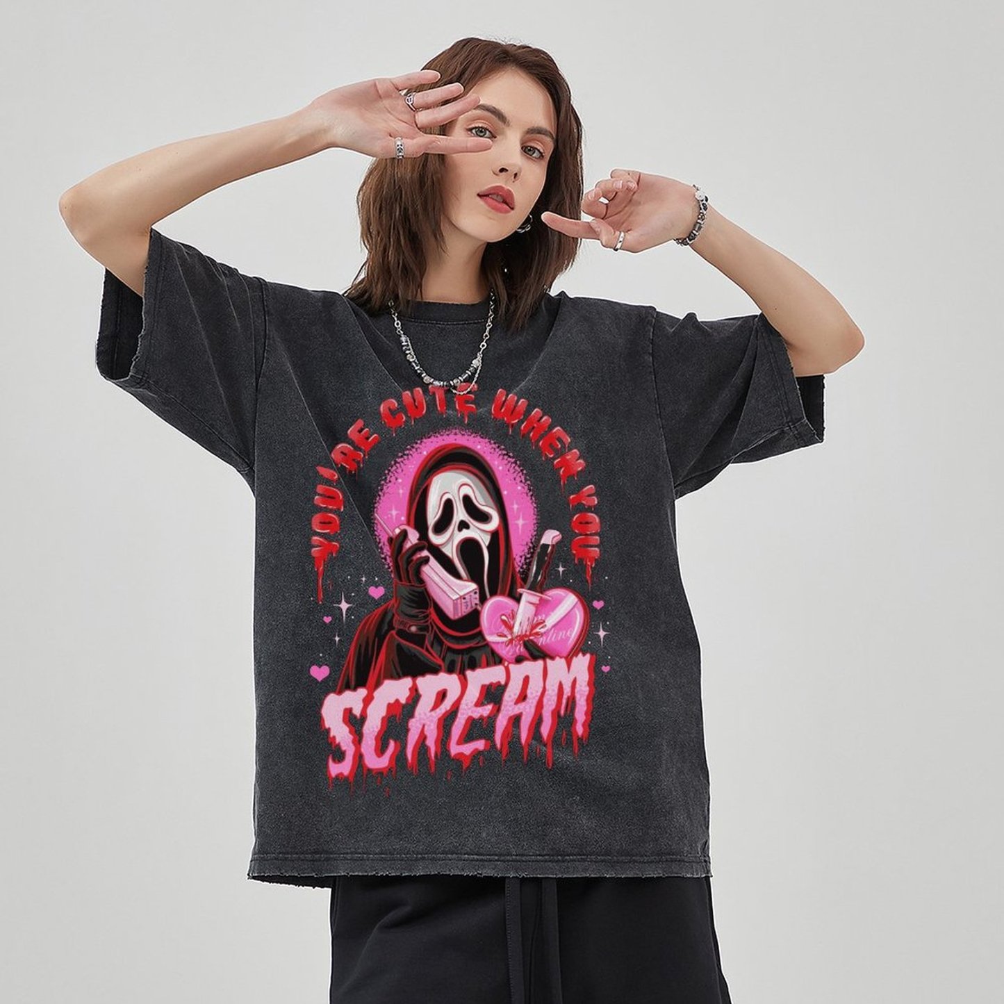 Cute Scream Unisex Vintage Solid Wash Denim T-Shirts