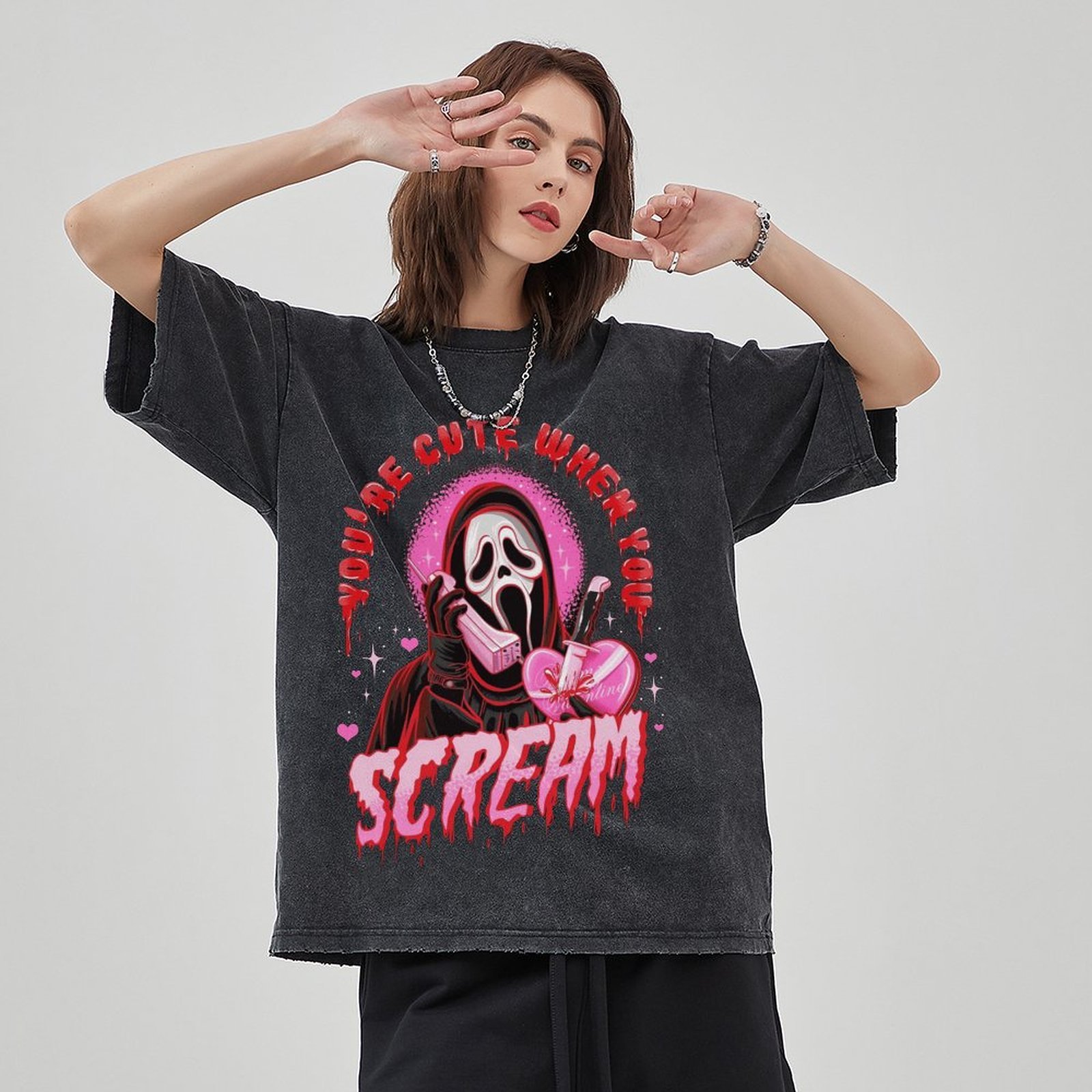 Cute Scream Unisex Vintage Solid Wash Denim T-Shirts