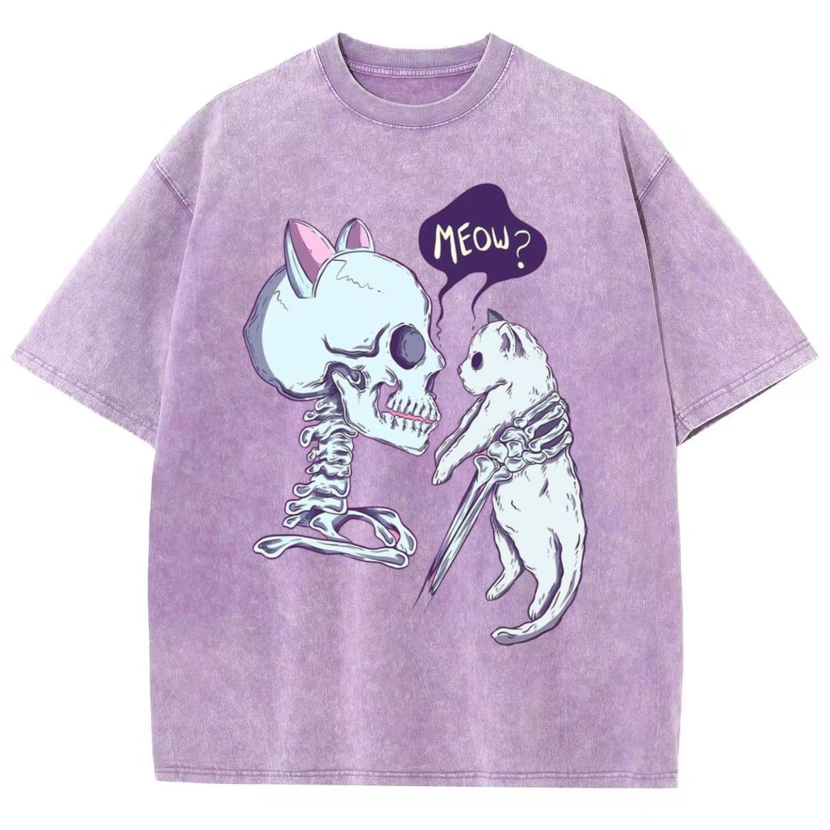 Funny Skull Cat Unisex Vintage Solid Wash Denim T-Shirts-Print-cool