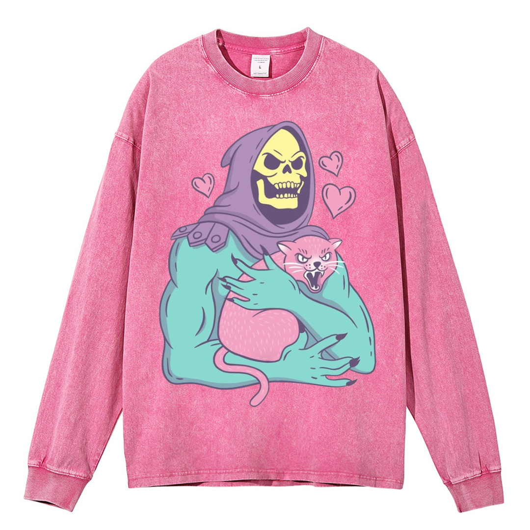 Funny Skull Cat Unisex Casual Washed Printed Long Sleeve T-shirt