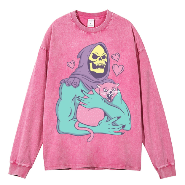Funny Skull Cat Unisex Casual Washed Printed Long Sleeve T-shirt