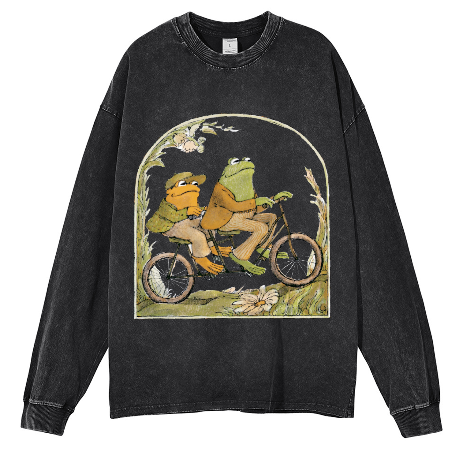 Frog and Toad Unisex Casual Washed Printed Round Neck Long Sleeve T-shirt-Print-cool