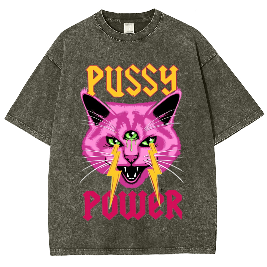 Pussy Power Unisex Oversized Print Vintage Wash Denim T-Shirt