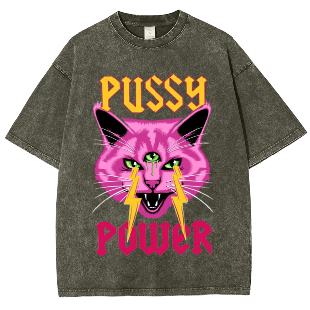 Pussy Power Unisex Oversized Print Vintage Wash Denim T-Shirt