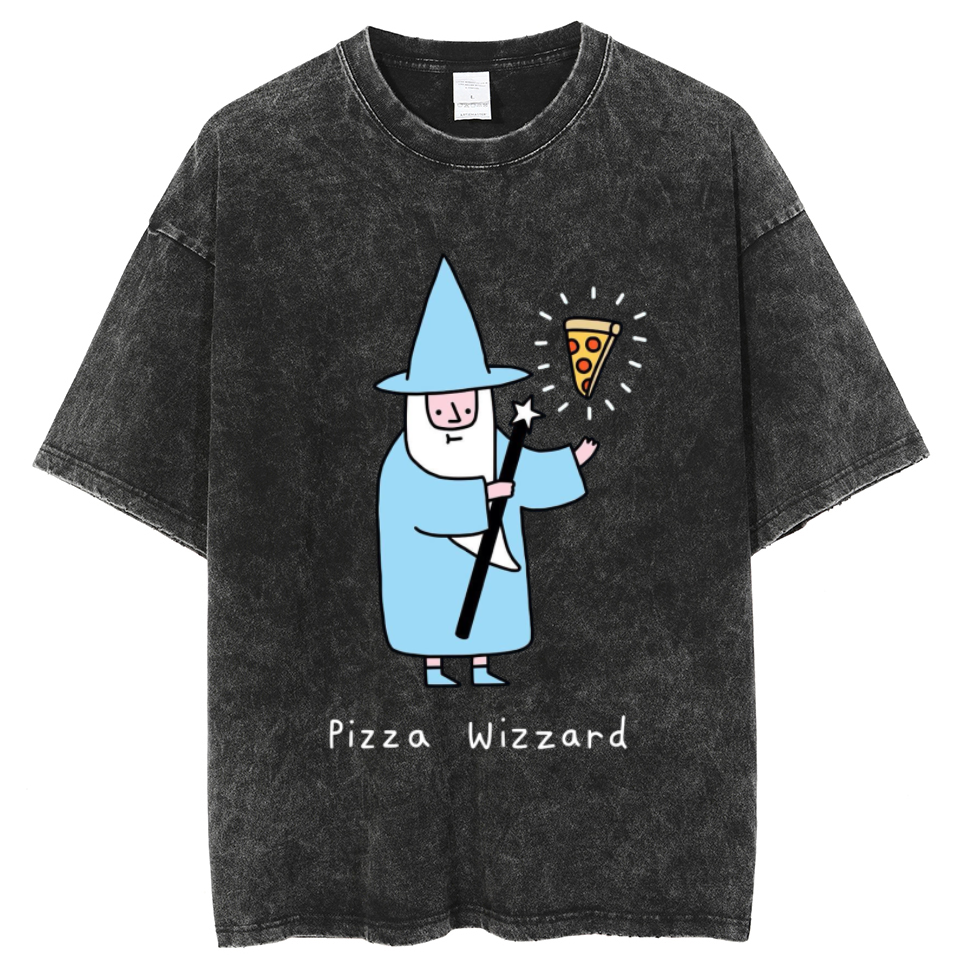 Pizza Wizzard Unisex Printed Retro Washed Short Sleeved T-Shirt-Print-cool