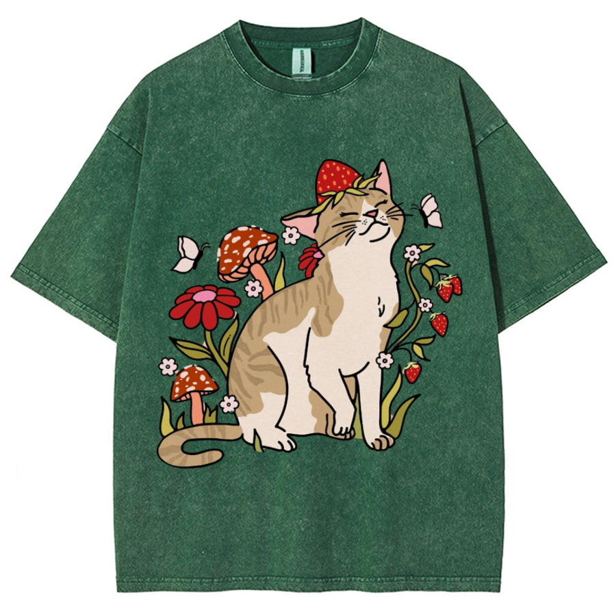 Cat And Plant Unisex Printed Retro Washed Short Sleeved T-Shirt-Print-cool