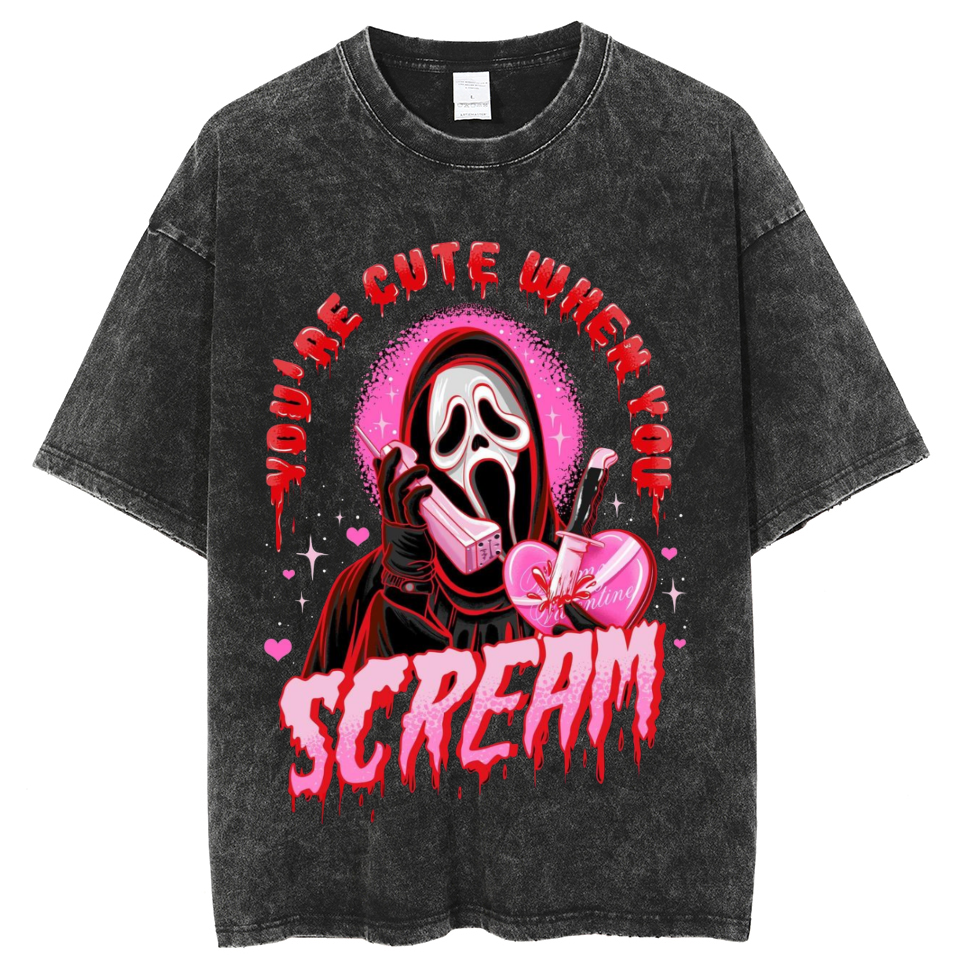 Cute Scream Unisex Vintage Solid Wash Denim T-Shirts