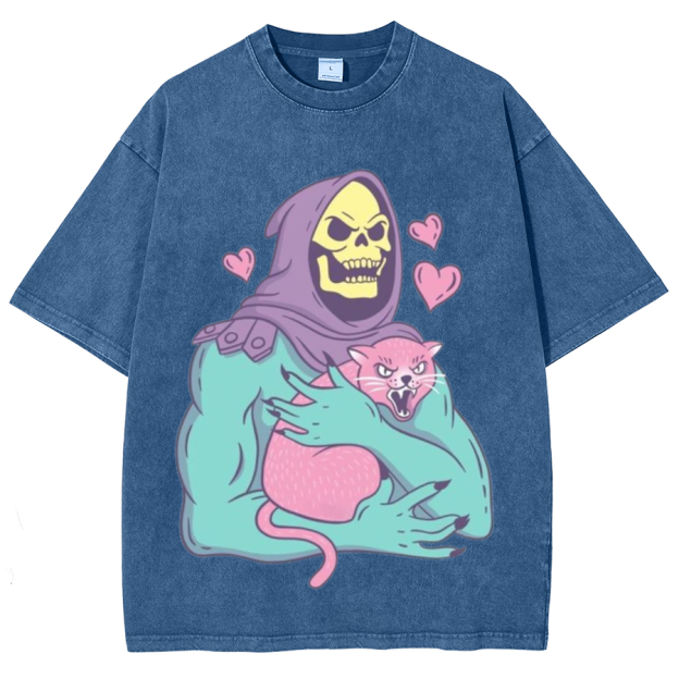 Funny Skull Cat Unisex Printed Retro Washed Short Sleeved T-Shirt